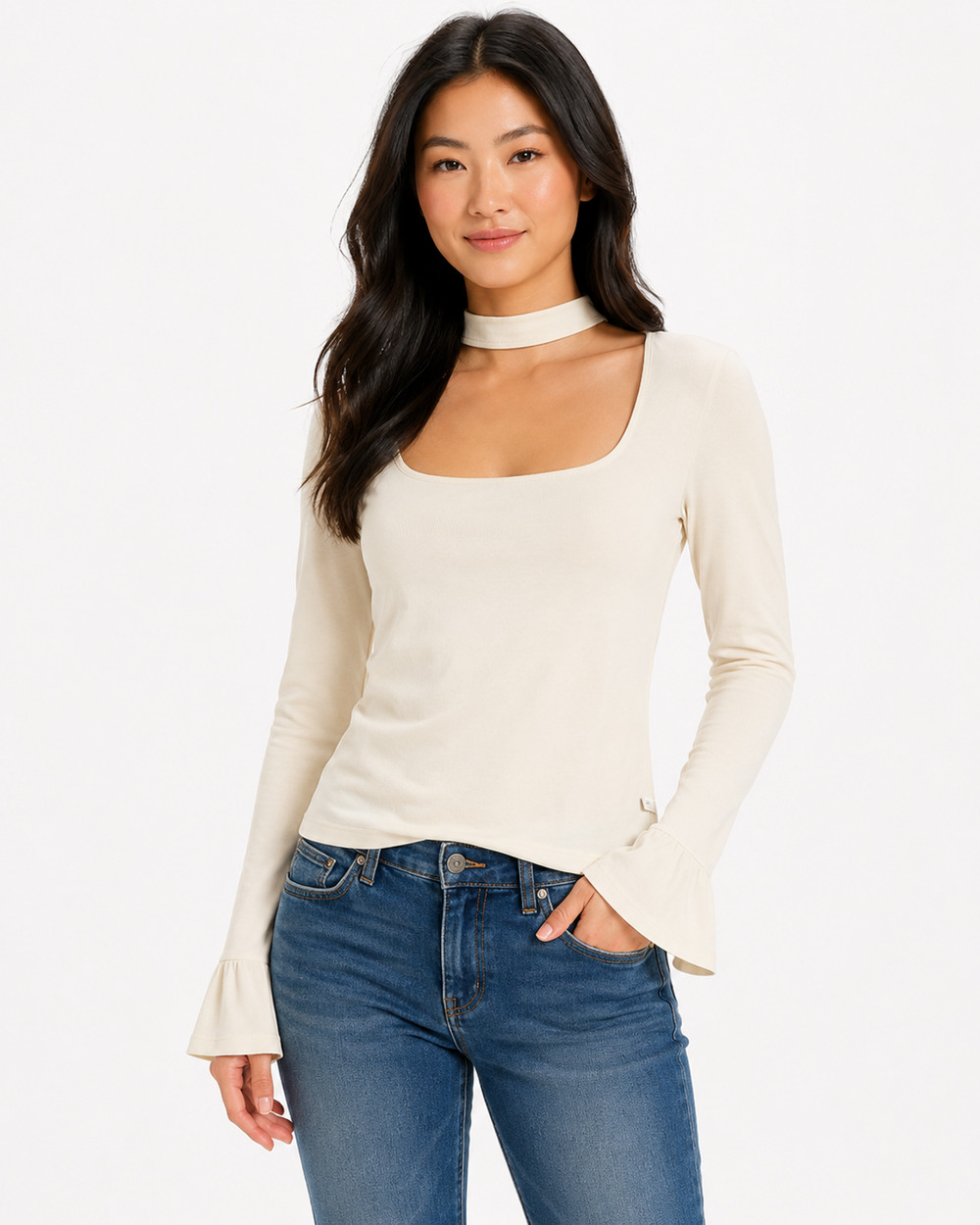 Willow & Clay Women's White Cut-Out Choker Long Sleeve Top Size XS